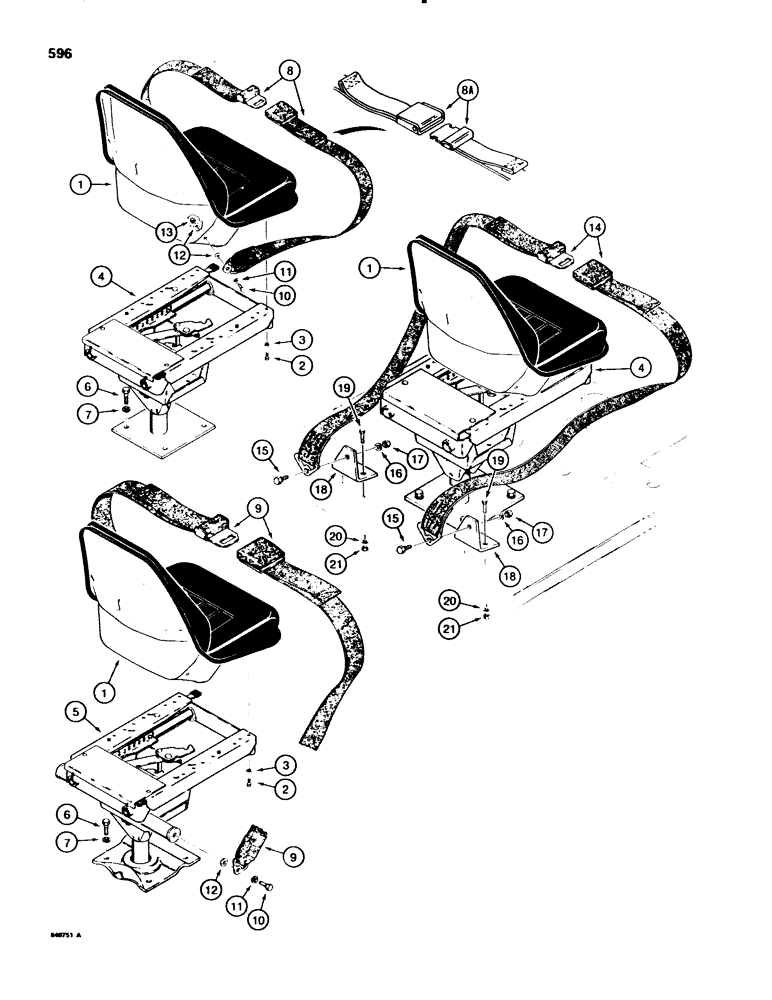 Схема запчастей Case 580E - (596) - STANDARD SEAT AND MOUNTING PARTS, CAB OR ROPS CANOPY MODELS (09) - CHASSIS/ATTACHMENTS