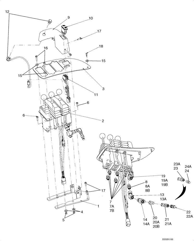 Схема запчастей Case 621E - (08-32) - LOADER CONTROL - THREE LEVER MOUNTING (08) - HYDRAULICS