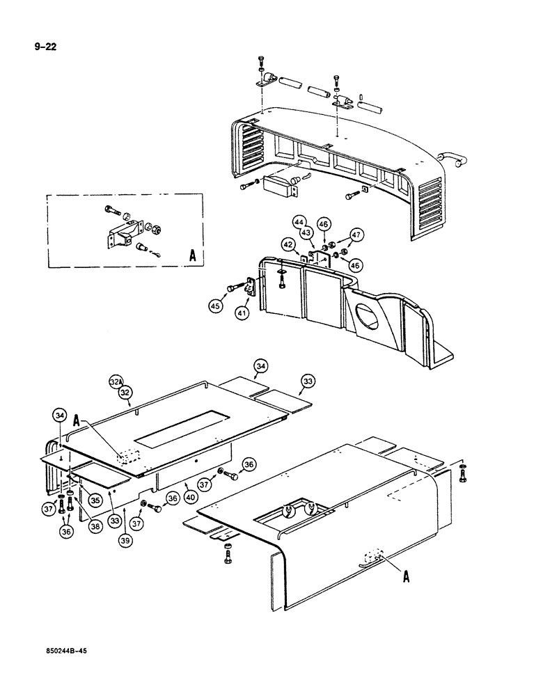 Схема запчастей Case 125B - (9-022) - SHROUD AND ENGINE ACCESS COVERS, P.I.N. 74251 THROUGH 74963, 21801 THROUGH 21868, 26801 AND AFTER (09) - CHASSIS