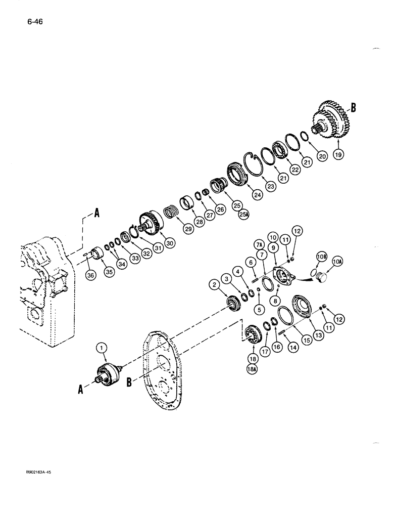 Схема запчастей Case 1086B - (6-046) - TRANSMISSION, LOW SPEED CLUTCH, THIRD SPEED CLUTCH, GEARS, SHAFTS, AND BEARINGS (06) - POWER TRAIN