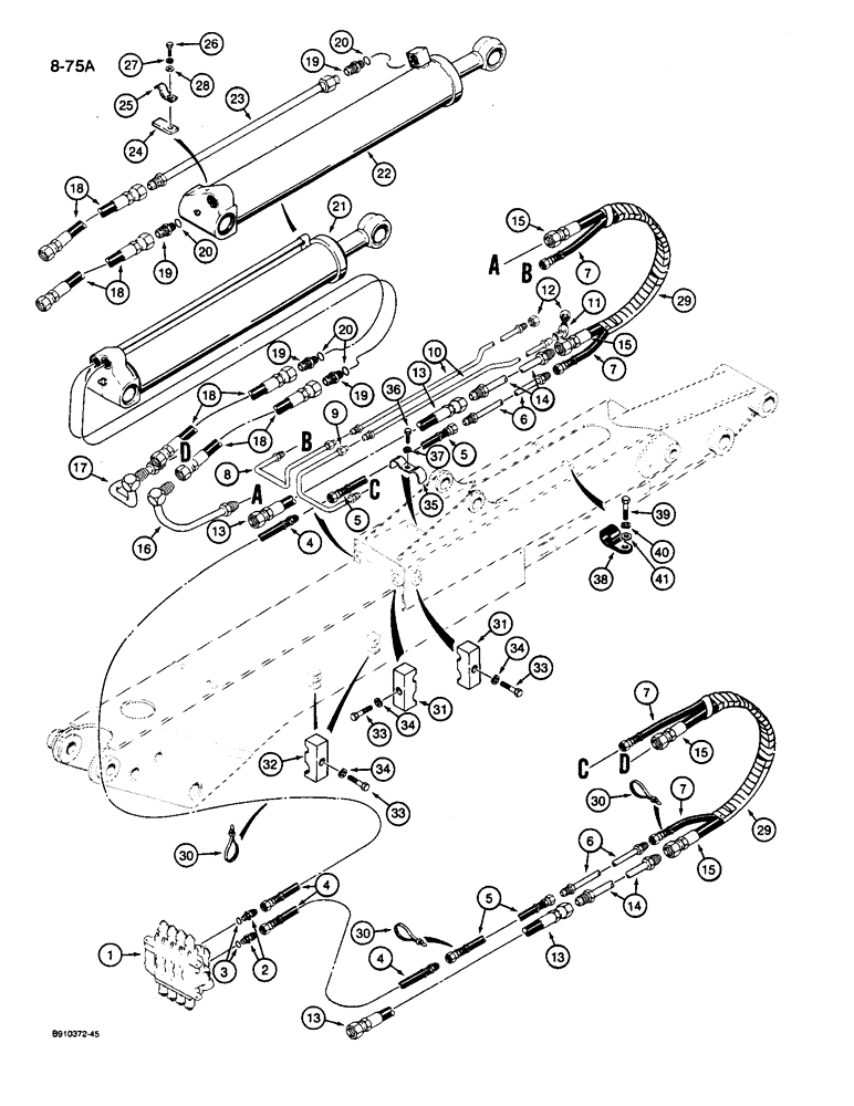 Схема запчастей Case 1085C - (8-075A) - EXTENDAHOE ARM HYDRAULIC CIRCUIT, BOOM AND TOOL CONTROL VALVE TO TOOL CYLINDER AND TOOL OPTION (08) - HYDRAULICS