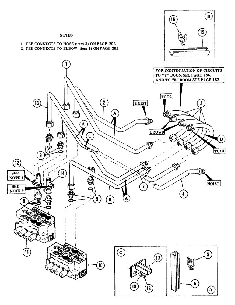 Схема запчастей Case 40 - (180) - CROWD, HOIST AND TOOL TUBING, (FROM MAIN VALVES TO BOOM) (35) - HYDRAULIC SYSTEMS