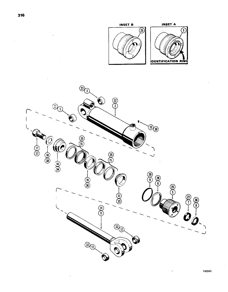 Схема запчастей Case 850 - (316) - G33635 HYDRA-LEVELING CYLINDER, GLAND HAS IDENTIFICATION (07) - HYDRAULIC SYSTEM