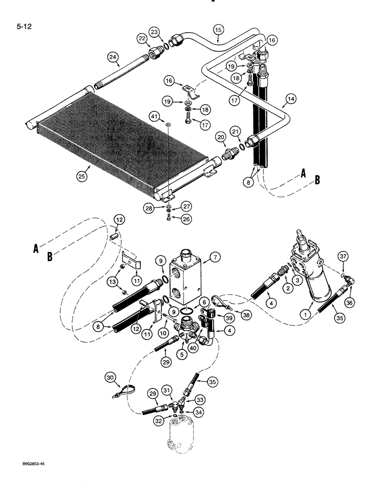 Схема запчастей Case 821 - (5-012) - STEERING HYDRAULIC CIRCUIT, RETURN LINE AND COOLER (05) - STEERING