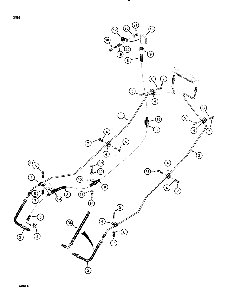 Схема запчастей Case 580SE - (294) - BRAKE MASTER CYLINDER HYDRAULIC CIRCUIT, EQUALIZER VALVE TO BRAKE CYL. TRACTOR PIN 9869266 & AFTER (07) - BRAKES