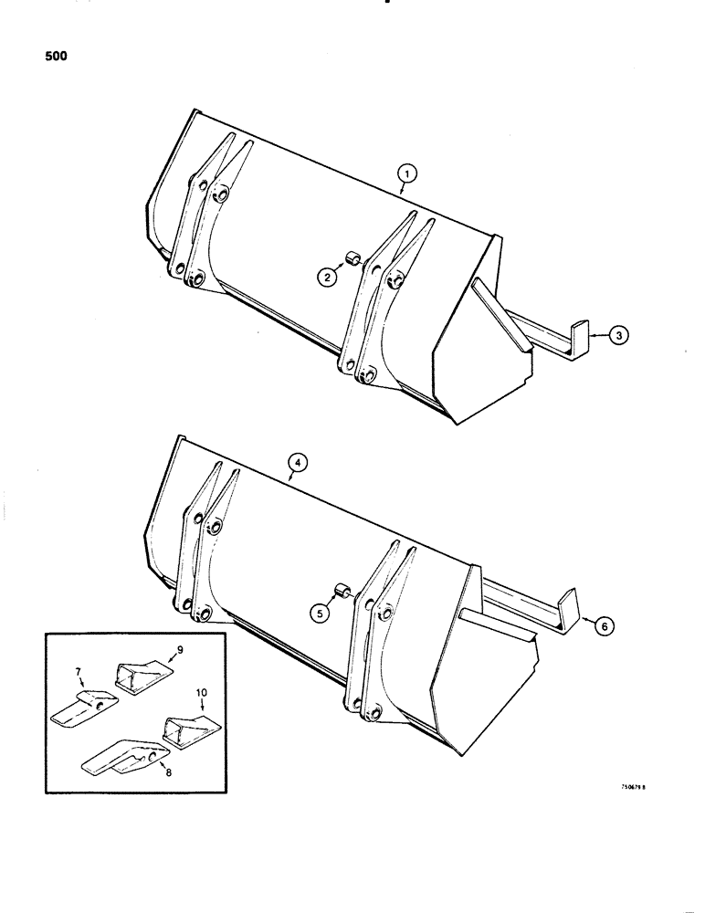 Схема запчастей Case 580E - (500) - LOADER BUCKETS, SHORT LIP BUCKETS, LONG LIP BUCKETS, BUCKET TEETH (09) - CHASSIS/ATTACHMENTS