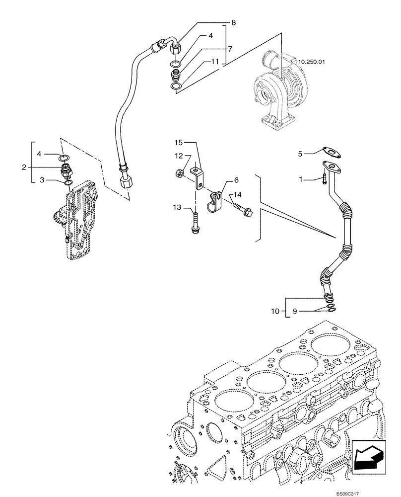 Схема запчастей Case 650L - (10.250.02) - TURBOCHARGER - PLUMBING (10) - ENGINE