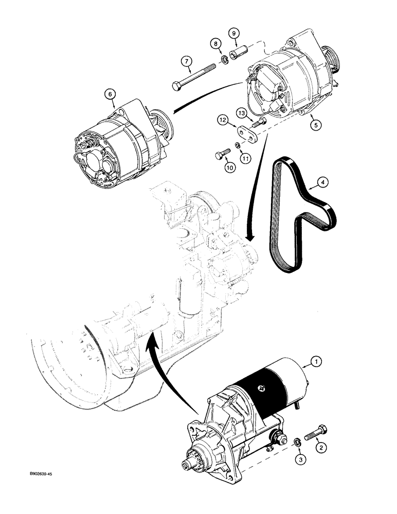 Схема запчастей Case 590 - (4-12) - STARTER AND ALTERNATOR MOUNTING (04) - ELECTRICAL SYSTEMS