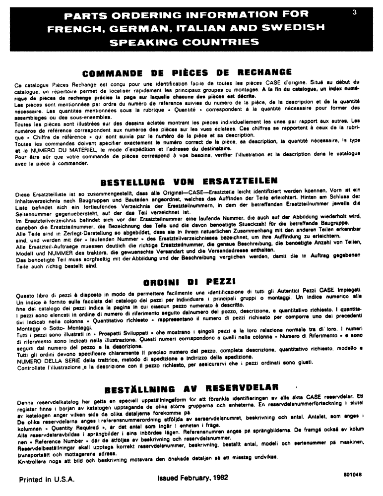 Схема запчастей Case 1845 - (003) - PARTS ORDERING INFORMATION FOR FRENCH, GERMAN, ITALIAN AND SWEDISH SPEAKING COUNTRIES (05) - SERVICE & MAINTENANCE