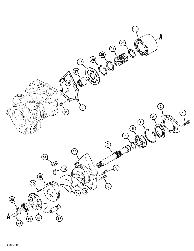 Схема запчастей Case 560 - (6-24) - TANDEM PUMP ASSEMBLY - 104437A1, REAR DRIVE PUMP, CYLINDER BLOCK AND SHAFT (06) - POWER TRAIN