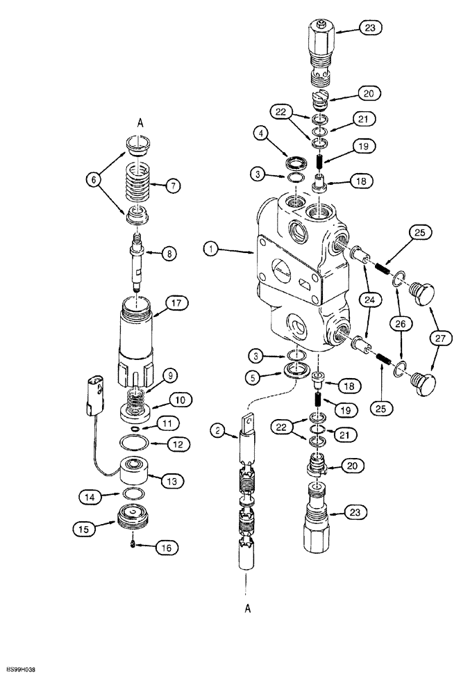 Схема запчастей Case 580SL - (8-078) - LOADER CONTROL VALVE, BUCKET SECTION, WITH MAGNETIC DETENT AND CIRCUIT RELIEF VALVE - P/N 302964A1 (08) - HYDRAULICS