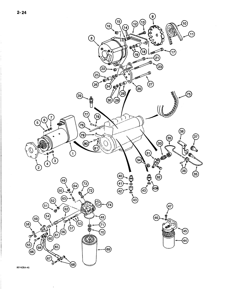 Схема запчастей Case 170B - (2-24) - ENGINE FILTERS, ALTERNATOR AND STARTER, ADAPTING PARTS TO ENGINE, P.I.N. 74341 THRU 74456 (02) - ENGINE