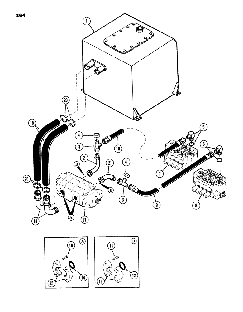 Схема запчастей Case 980B - (264) - TANK TO PUMP TO VALVE TUBING, (USED ON UNITS WITH PIN 6204051 AND AFTER) (07) - HYDRAULIC SYSTEM