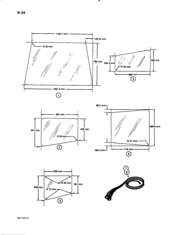 Схема запчастей Case W30 - (9-54) - CAB GLASS, METRIC DIMENSIONS (09) - CHASSIS/ATTACHMENTS