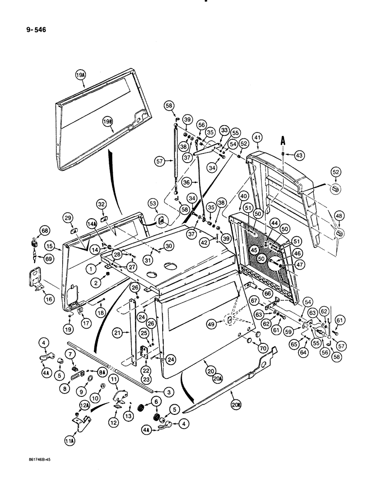 Схема запчастей Case 580K - (09-546) - HOOD, ENGINE SIDE PANELS, AND GRILLE UNIT, USED ON MODELS WITH AIR CLEANER AIR DUCT BOX (09) - CHASSIS/ATTACHMENTS