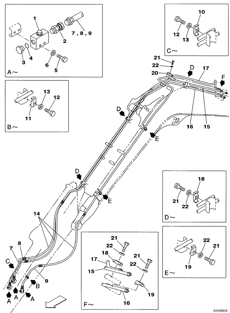 Схема запчастей Case CX80 - (08-09) - HYDRAULICS, AUXILIARY ATTACHMENT, (LONG) ARM - SECOND OPTION LINE (08) - HYDRAULICS