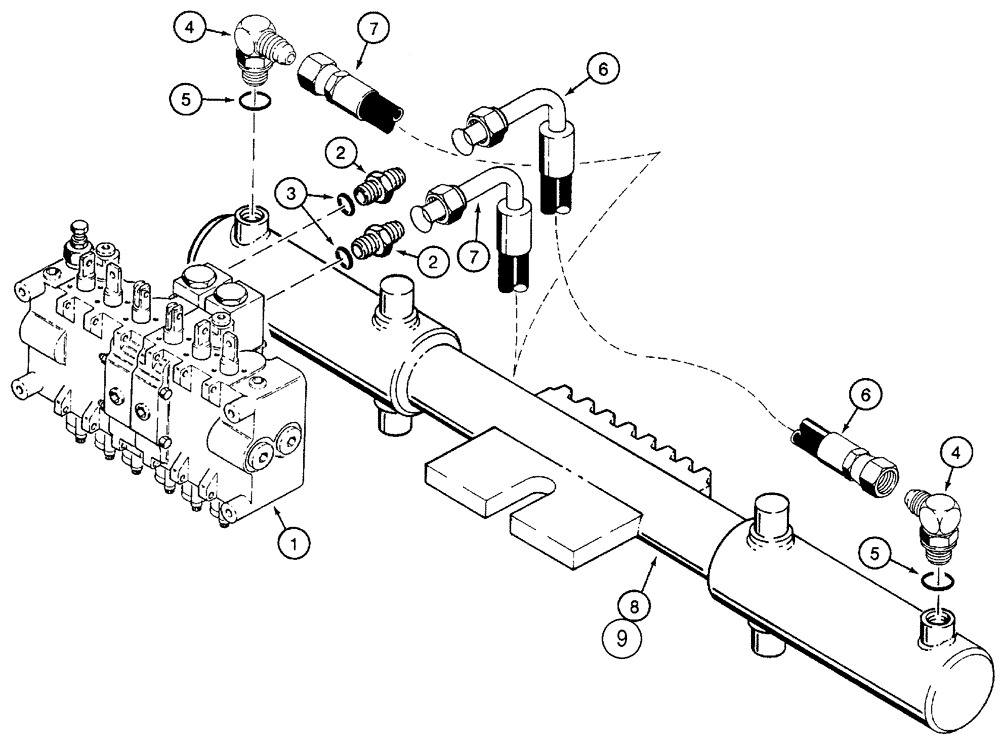 Схема запчастей Case 85XT - (08-40) - HYDRAULIC SYSTEM BACKHOE SWING CYLINDER NORTH AMERICA, D125 BACKHOE, WITH HOSES AT CONTROL VALVE (08) - HYDRAULICS