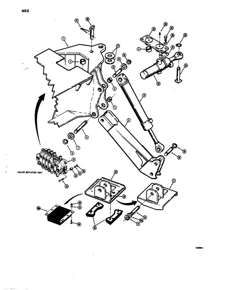 Схема запчастей Case 680E - (402) - BACKHOE MOUNTING FRAME AND STABILIZERS (84) - BOOMS, DIPPERS & BUCKETS