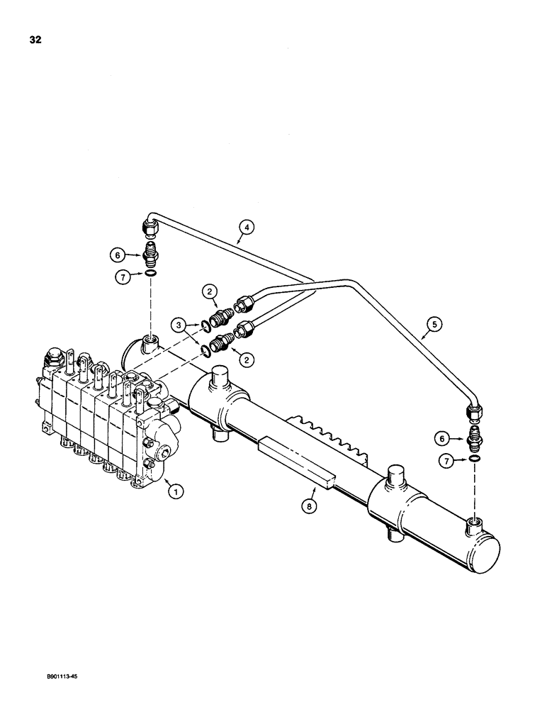 Схема запчастей Case D130 - (7-032) - BACKHOE SWING CYLINDER HYDRAULIC CIRCUIT, USED ON 1835C, 1840 & 1845C UNI-LOADERS W/ KONTAK VAVLE 