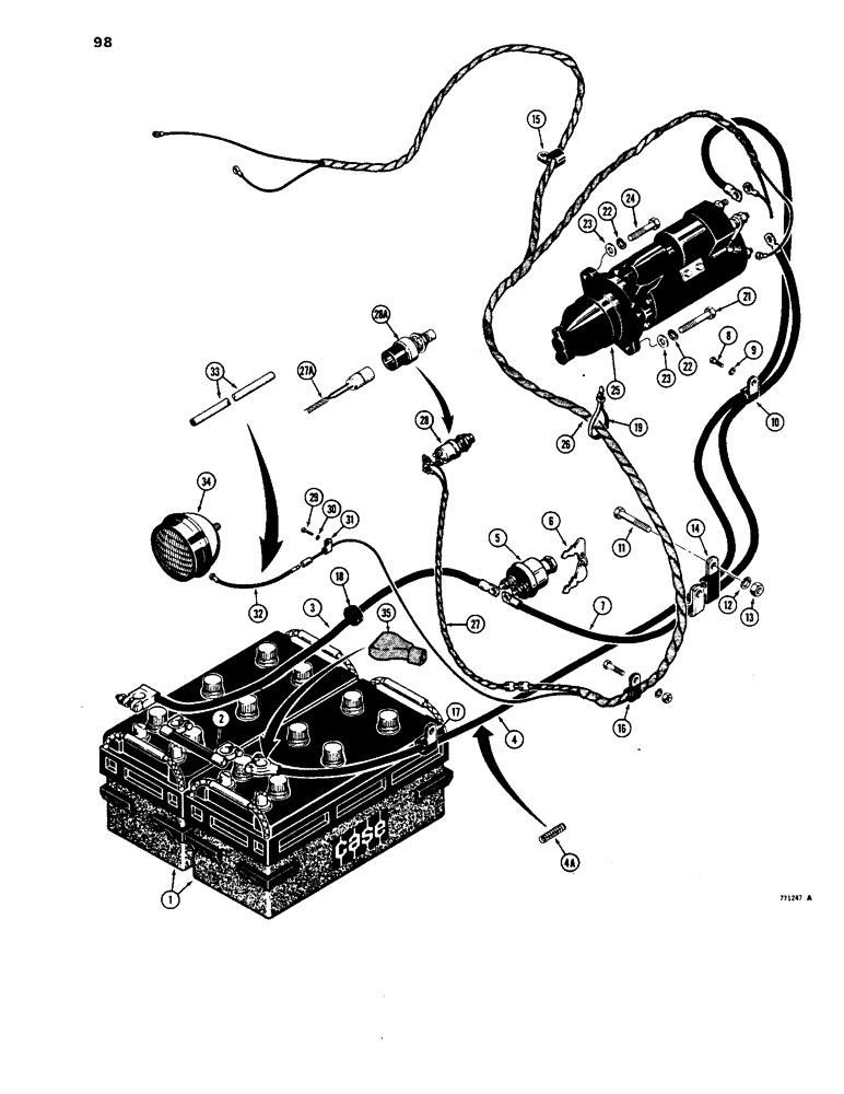 Схема запчастей Case 1450 - (098) - REAR ELECTRICAL WIRING, INSTRUMENT PANEL TO STARTER, BATTERY USED TRAC SN 8380101 & AFT (04) - ELECTRICAL SYSTEMS