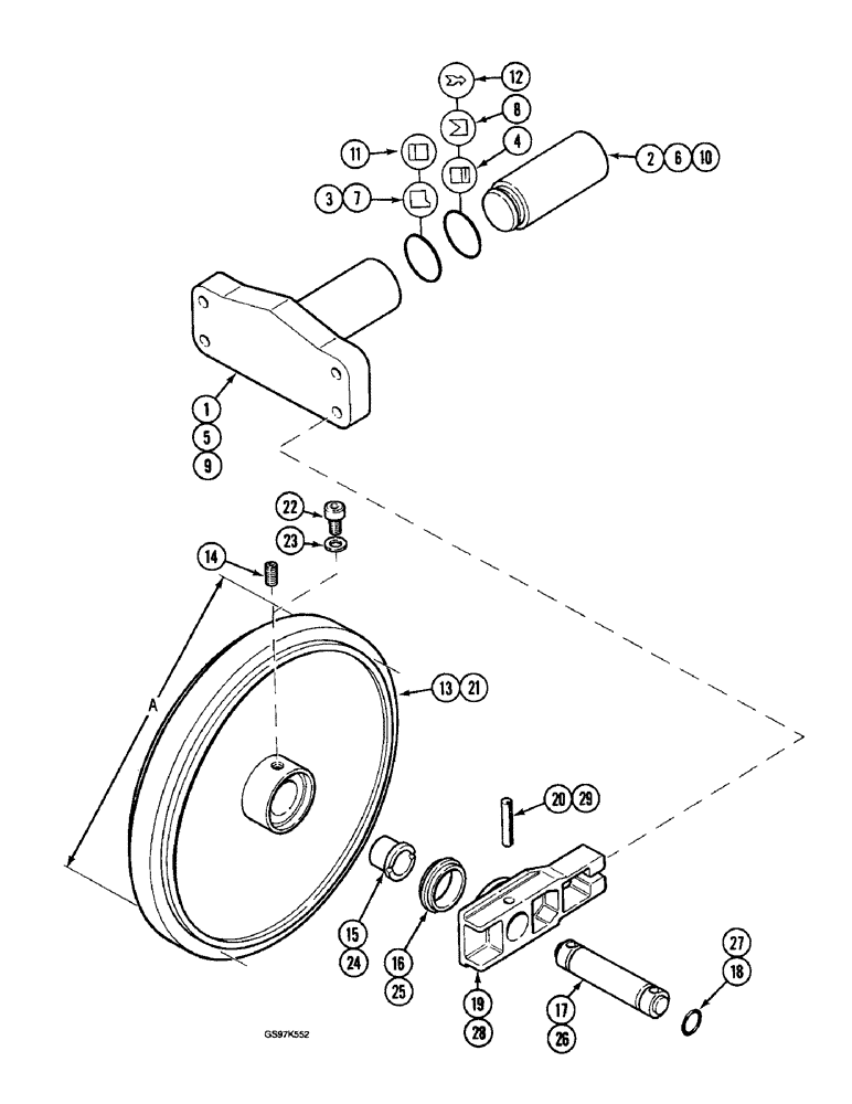 Схема запчастей Case 220B - (5-08) - TRACK IDLER AND ADJUSTMENT CYLINDER, WITH 680 MM (26-3/4") IDLER WHL DIMENSION, PIN 74441 - 74592 (11) - TRACKS/STEERING