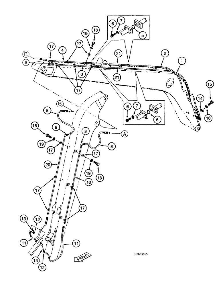 Схема запчастей Case 9040B - (8-076) - BUCKET CYLINDER LINES, 7.9 METER ARM, LONG REACH MODELS (08) - HYDRAULICS