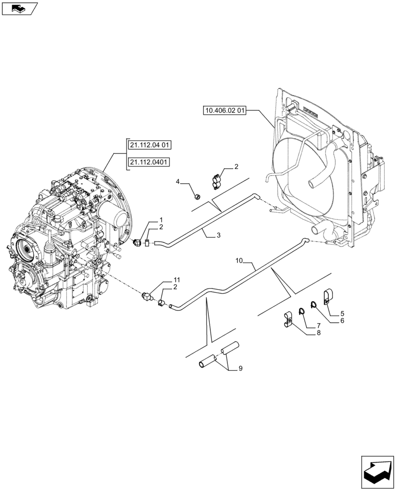 Схема запчастей Case 580SN WT - (21.104.01) - VAR - 423058, 423059 - TRANSMISSION, STANDARD , OIL COOLER LINE (21) - TRANSMISSION