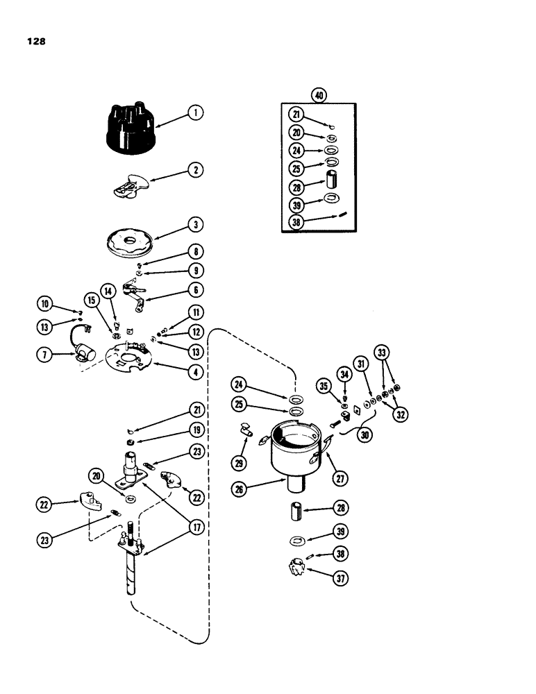 Схема запчастей Case 1845 - (128) - A38970 DISTRIBUTOR, (159) SPARK IGNITION ENGINE (10) - ENGINE