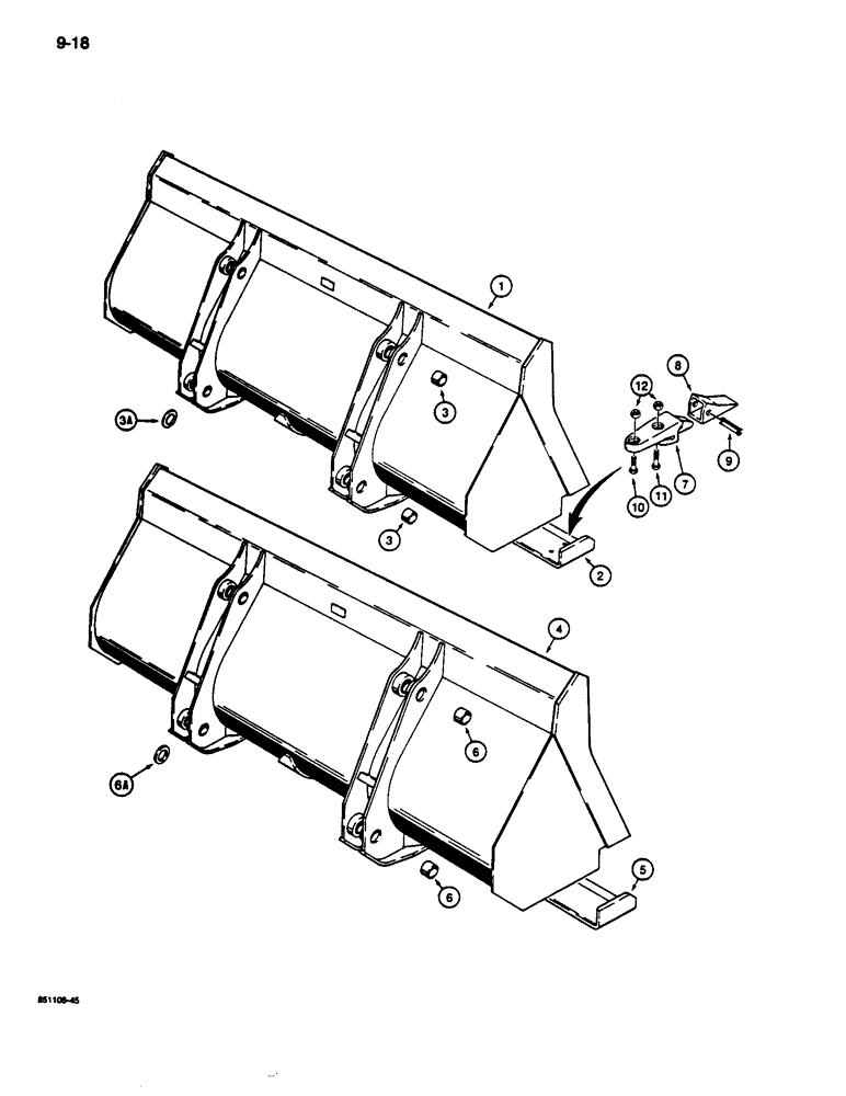 Схема запчастей Case 680L - (9-018) - LOADER BUCKETS, USED PRIOR TO TRAC. P.I.N JJG0070547, EXCEPT FOR JJG0070523, JJG0070526 & JJG0070540 (09) - CHASSIS/ATTACHMENTS