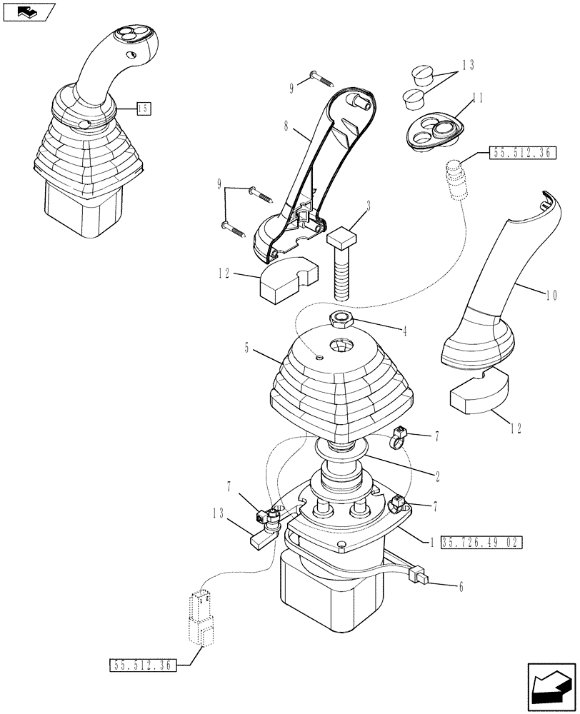 Схема запчастей Case 590SN - (35.726.50) - HYDRAULICS - VALVE, JOYSTICK (PILOT CONTROLS) (LEFT-HAND) WITH HORN (35) - HYDRAULIC SYSTEMS