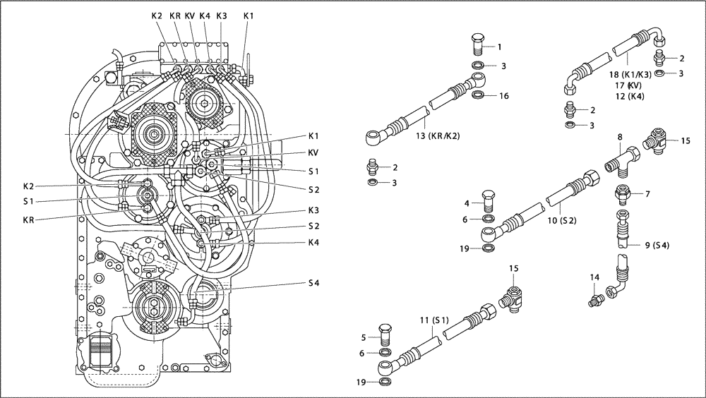 Схема запчастей Case 330B - (18A00000984[001]) - GEARBOX PIPING (87450720) (03) - Converter / Transmission