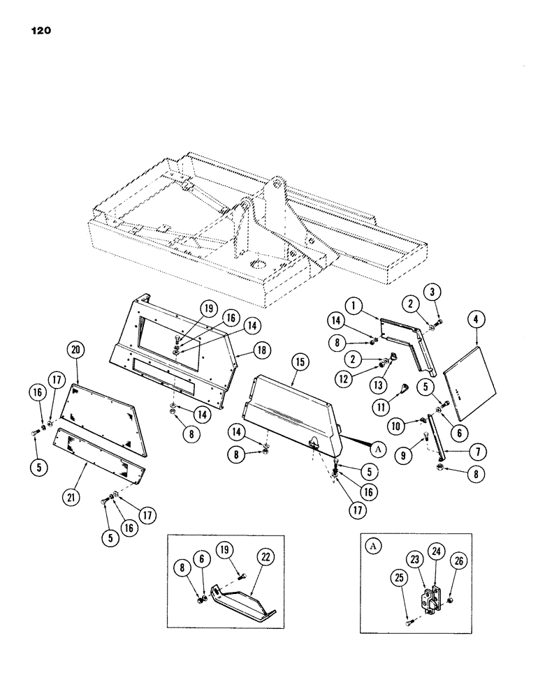 Схема запчастей Case 980B - (120) - ENGINE SHROUD, (RIGHT SIDE AND FRONT), (USED ON UNITS WITH PIN 6204051 AND AFTER) (05) - UPPERSTRUCTURE CHASSIS