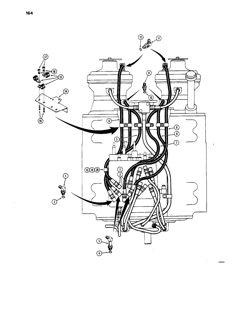 Схема запчастей Case 1450 - (164) - TRANSMISSION HYDRAULIC CIRCUITS, VALVE TO BRAKES, BEFORE TRANS SN 2806301 (06) - POWER TRAIN