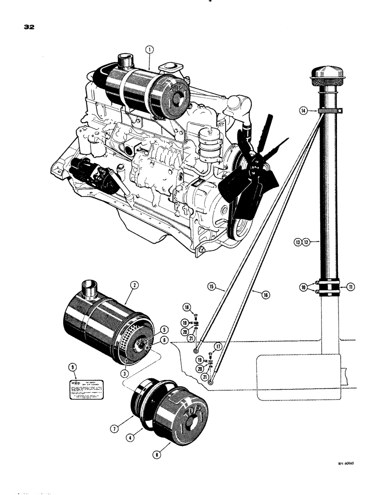 Схема запчастей Case 1150 - (032) - DRY TYPE AIR CLEANER AND EXTENSIONS (01) - ENGINE