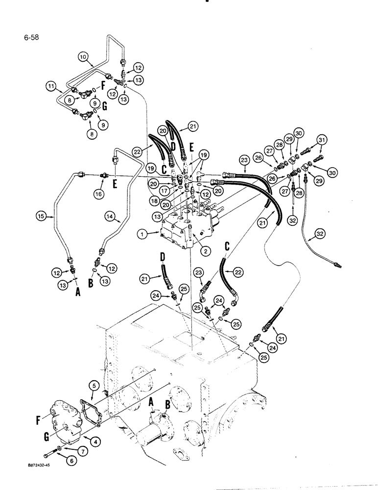 Схема запчастей Case 450C - (6-58) - TRANSMISSION HYDRAULIC LINES, USED ON P.I.N. GBE 0001501 AND AFTER (06) - POWER TRAIN