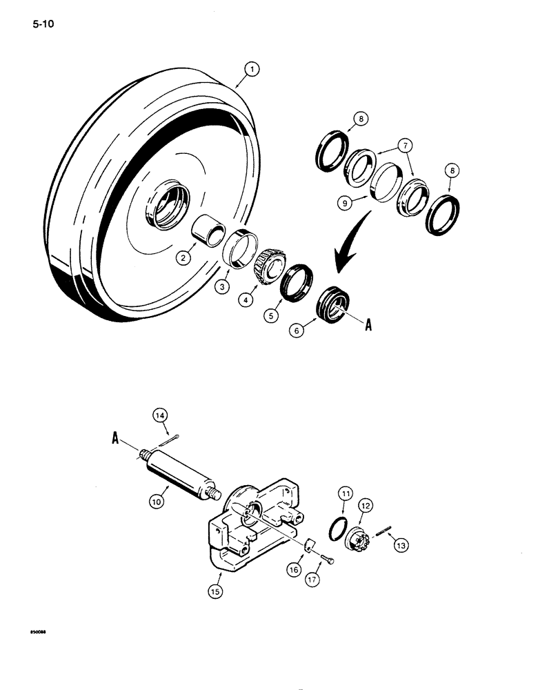 Схема запчастей Case 855D - (5-10) - R51568 IDLER ASSEMBLY, SHAFT RETAINED BY FLANGE NUT (SEE ITEM 12 FOR IDENTIFICATION) (11) - TRACKS/STEERING