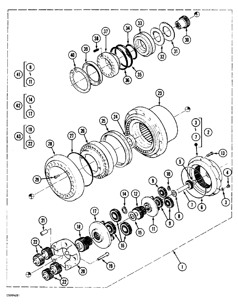 Схема запчастей Case 688BCK - (6-04) - TRAVEL REDUCTION GEAR - MONO-SPEED, 688B CK (120301-) (03) - TRANSMISSION