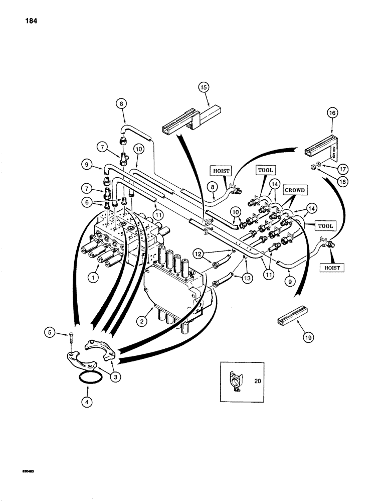 Схема запчастей Case 1280 - (184) - HOIST, CROWD, AND TOOL CIRCUITS, TUBES FROM VALVES (07) - HYDRAULIC SYSTEM