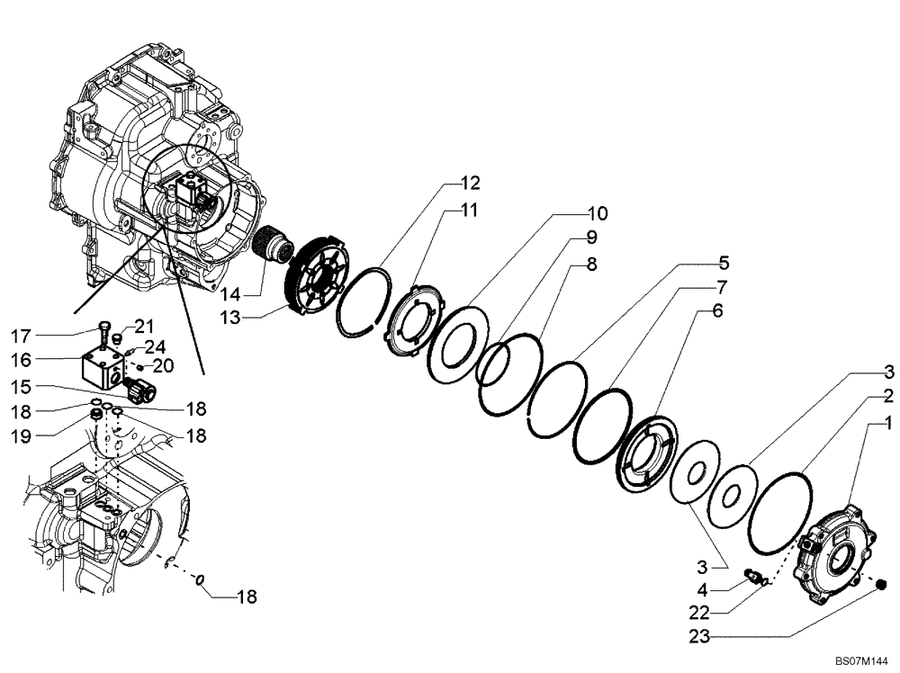 Схема запчастей Case 590SM - (07-01[02]) - TRANSMISSION ASSY, 4WD POWERSHIFT (590SM+) - BRAKE, PARKING (07) - BRAKES