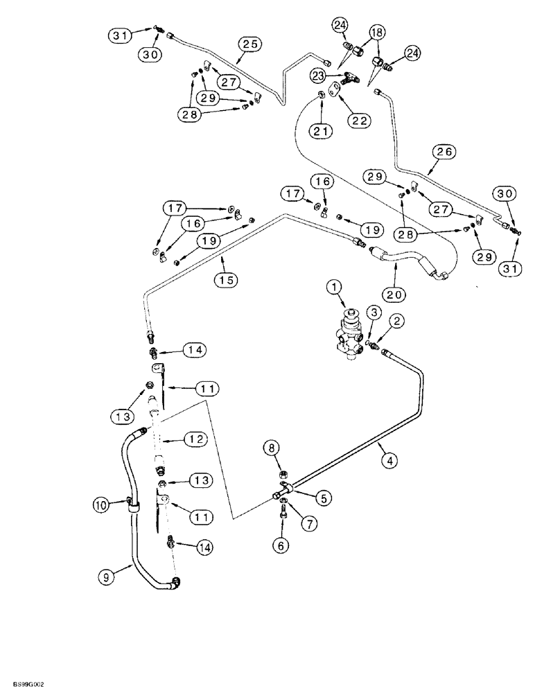 Схема запчастей Case 821B - (7-17A) - MAIN BRAKE HYDRAULIC CIRCUIT, MAIN BRAKE VALVE TO FRONT AXLE, P.I.N. JEE0051723 & AFTER (07) - BRAKES