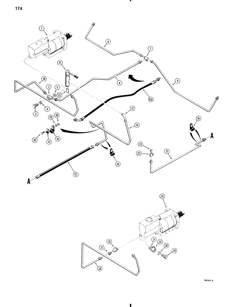 Схема запчастей Case W11 - (174) - FRONT WHEEL BRAKE SYSTEM AND CLUTCH CUTOUT (07) - BRAKES