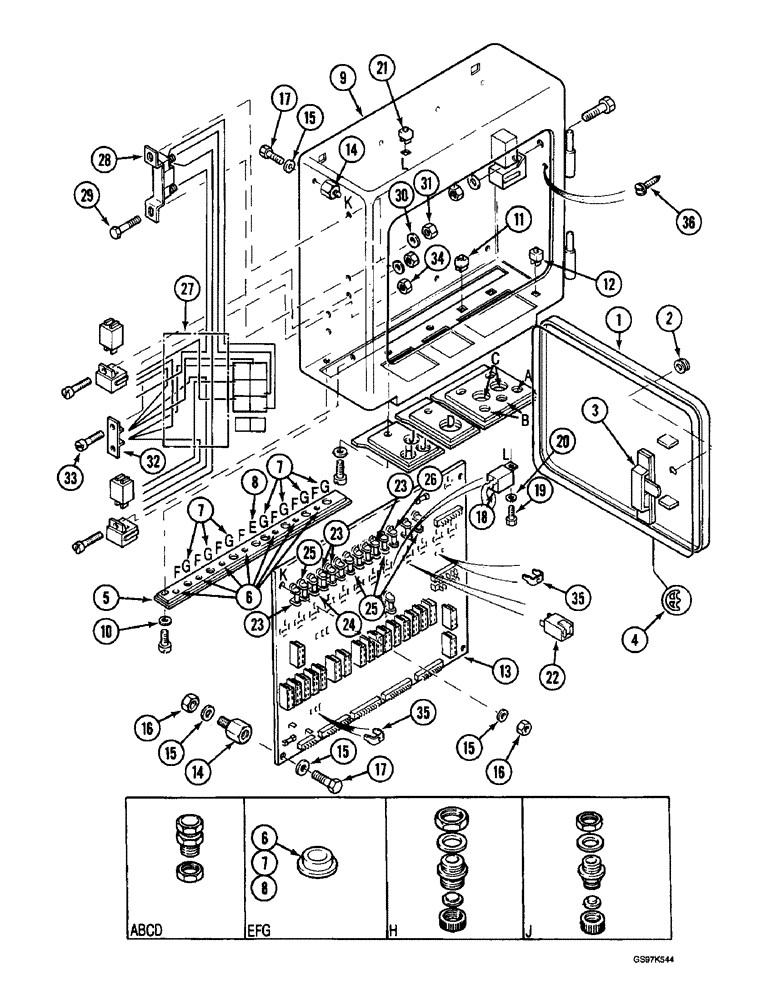 Схема запчастей Case 220B - (4-60) - ELECTRICAL BOX, WITH SIDE HINGED ACCESS DOOR, P.I.N. 74570 THROUGH 74594 (04) - ELECTRICAL SYSTEMS