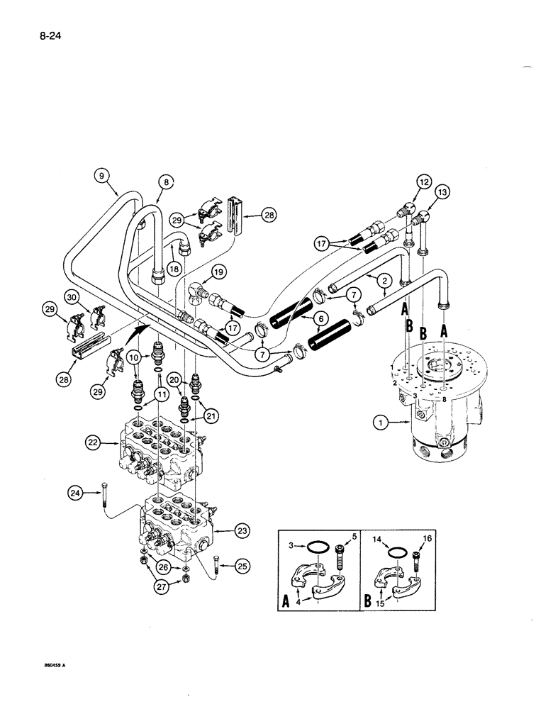 Схема запчастей Case 1086B - (8-024) - SWIVEL TO MAIN VALVE CIRCUIT, UNITS WITH SPLIT FLANGE TUBE PORTS ON HYDRAULIC SWIVEL (08) - HYDRAULICS