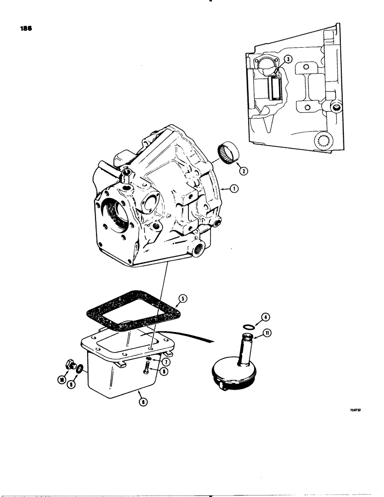 Схема запчастей Case 580C - (186) - POWER SHUTTLE TRANSMISSION, HOUSING AND OIL PAN (06) - POWER TRAIN