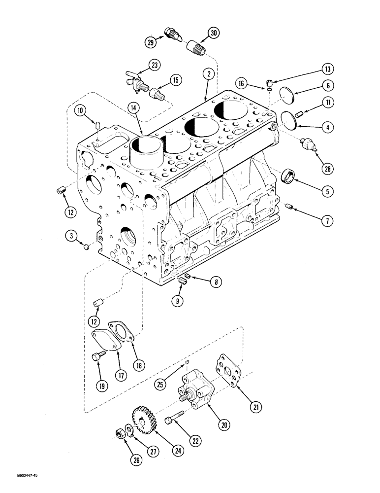 Схема запчастей Case 1825 - (2-12) - CYLINDER BLOCK (CRANKCASE) ASSEMBLY, DIESEL MODELS (02) - ENGINE