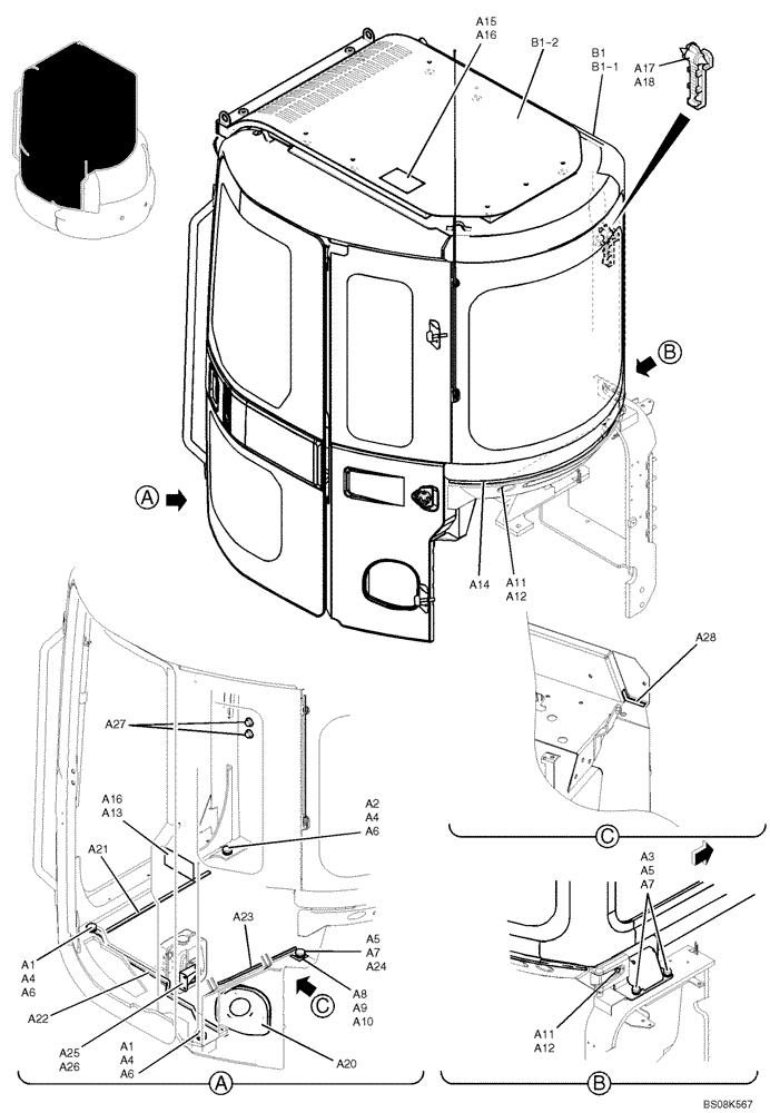 Схема запчастей Case CX27B BTW - (01-044) - CAB INSTAL 1 OF 2 (PM02C00036F1, PW02C00050F1%K2) (90) - PLATFORM, CAB, BODYWORK AND DECALS