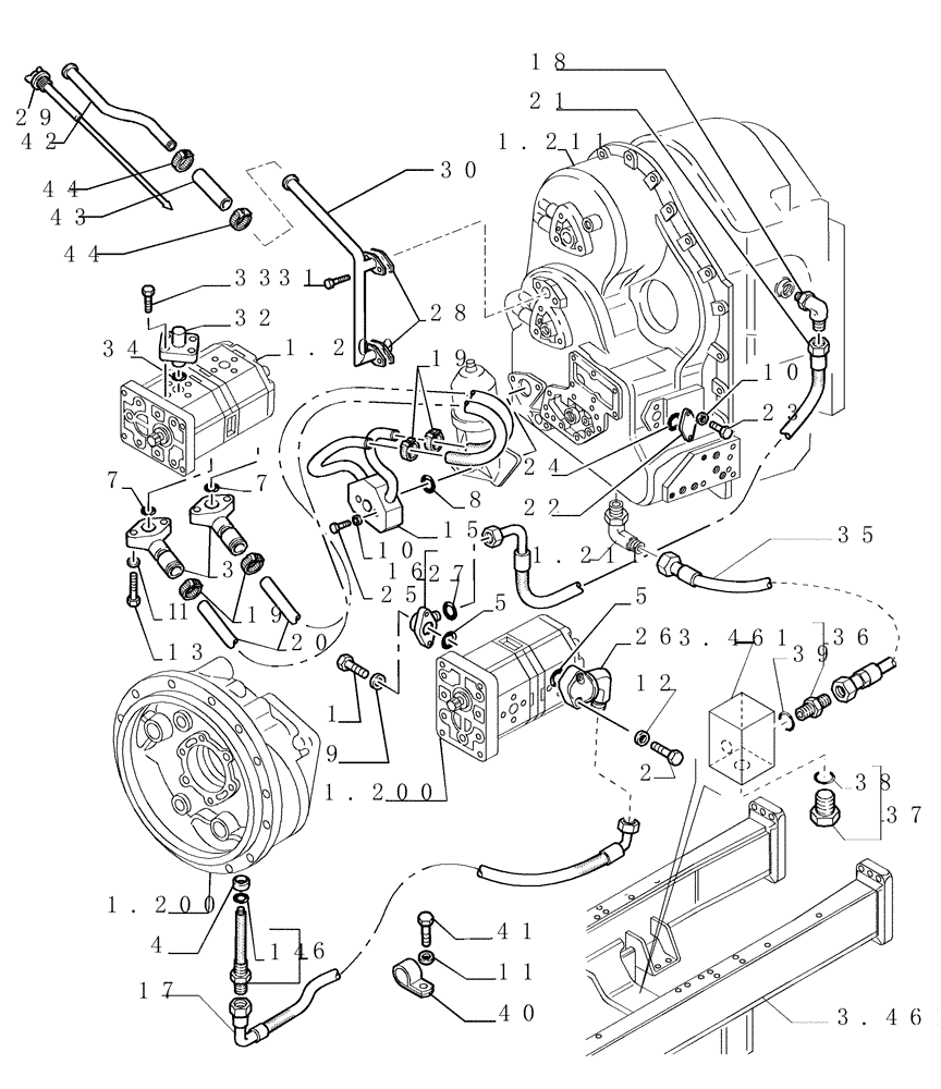 Схема запчастей Case 1850K LT - (1.220[01]) - TRANSMISSION LUBRICATION SYSTEM (29) - HYDROSTATIC DRIVE