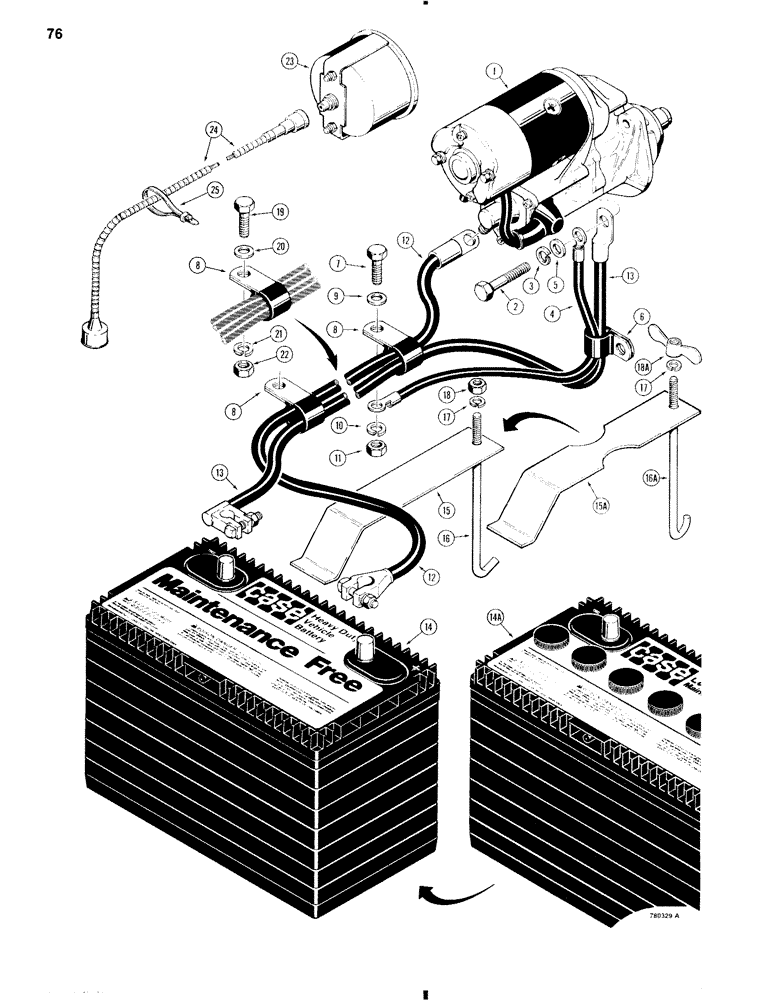 Схема запчастей Case W11 - (076) - BATTERY, STARTER, CABLES, AND TACHOMETER (04) - ELECTRICAL SYSTEMS