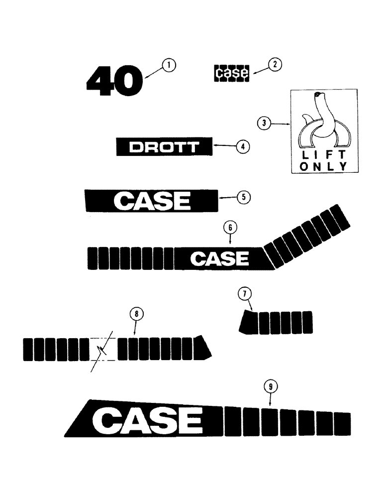 Схема запчастей Case 40 - (264) - DECALS, (USED ON EXPORTED UNITS) (90) - PLATFORM, CAB, BODYWORK AND DECALS