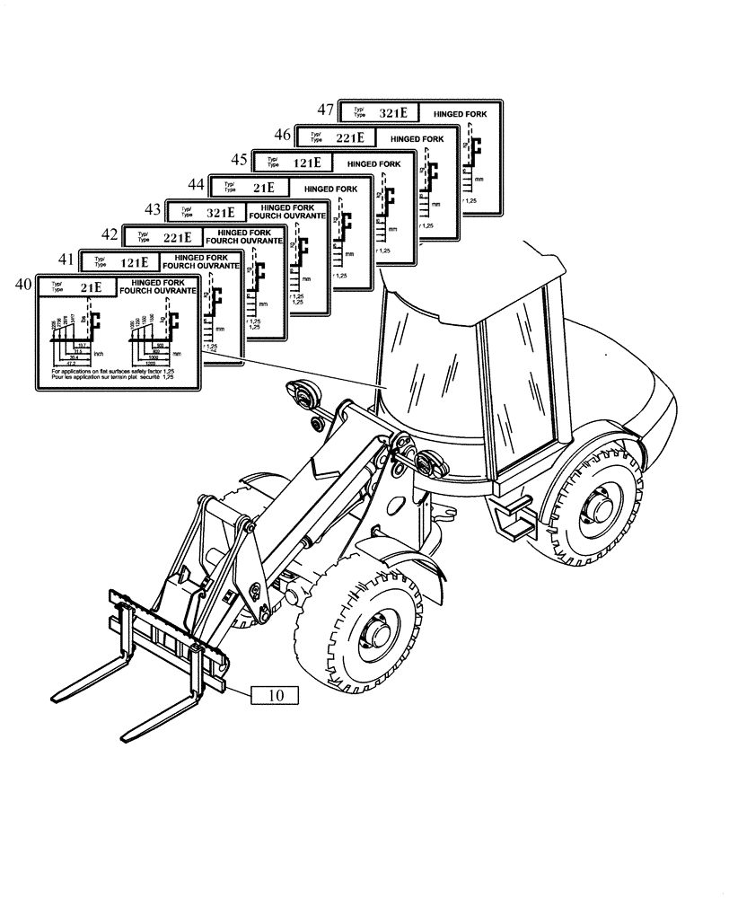 Схема запчастей Case 21E - (70.324[2991685001]) - HINGED FORK (82) - FRONT LOADER & BUCKET